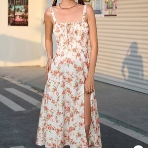 Parthea white pink floral sleeveless basque waist lace up thigh slit maxi dress